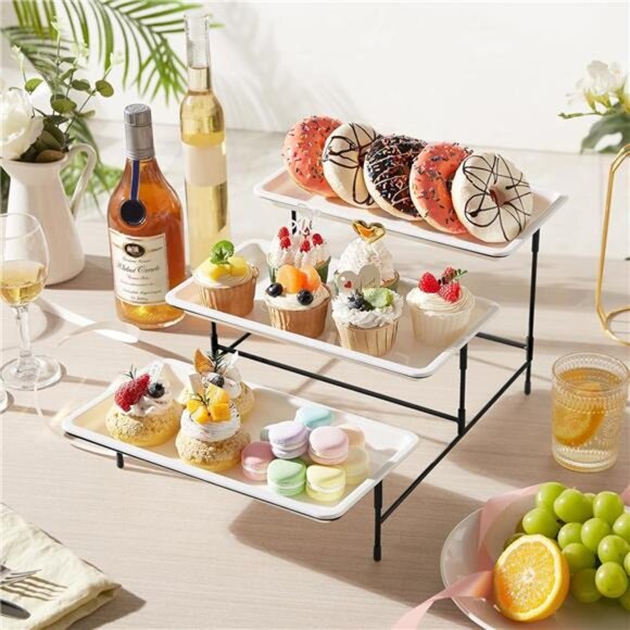 3 Tier Serving Tray, 12" x 6.5" White Plastic Tiered Food Serving Platters - Picture 2 of 7